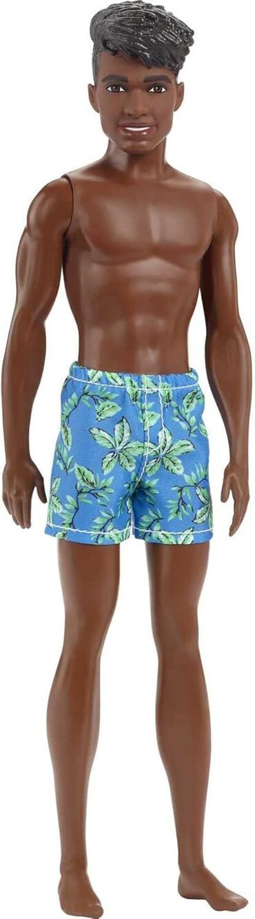 Barbie Ken Beach Doll with Black Hair Dressed in Blue Tropical Swim Trunks NWT